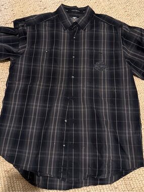 Harley-Davidson Black and Gray Plaid Button-Down Shirt